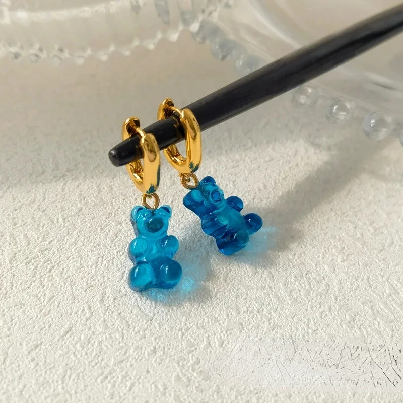 Modern Jewelry Cute style Cartoon Little Bear Blue Green Transparent Resin Drop Earrings For Women Fashion Accessories