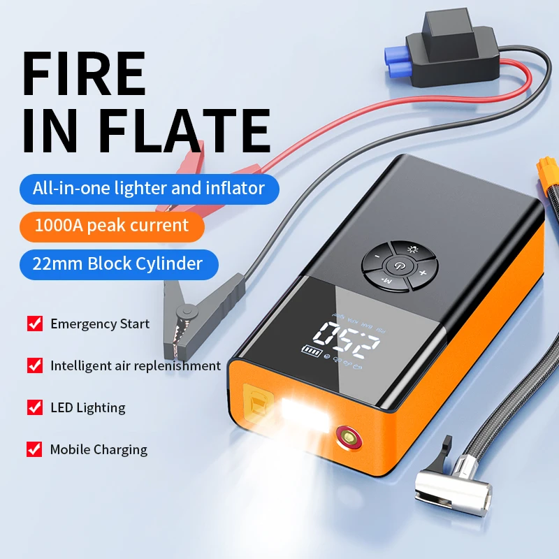 8000mAh Car Jump Starter with Tire Inflator, Digital Air Pump Auto Stop Power Bank LED Light for Car Motorcycle Bike Swim Ring