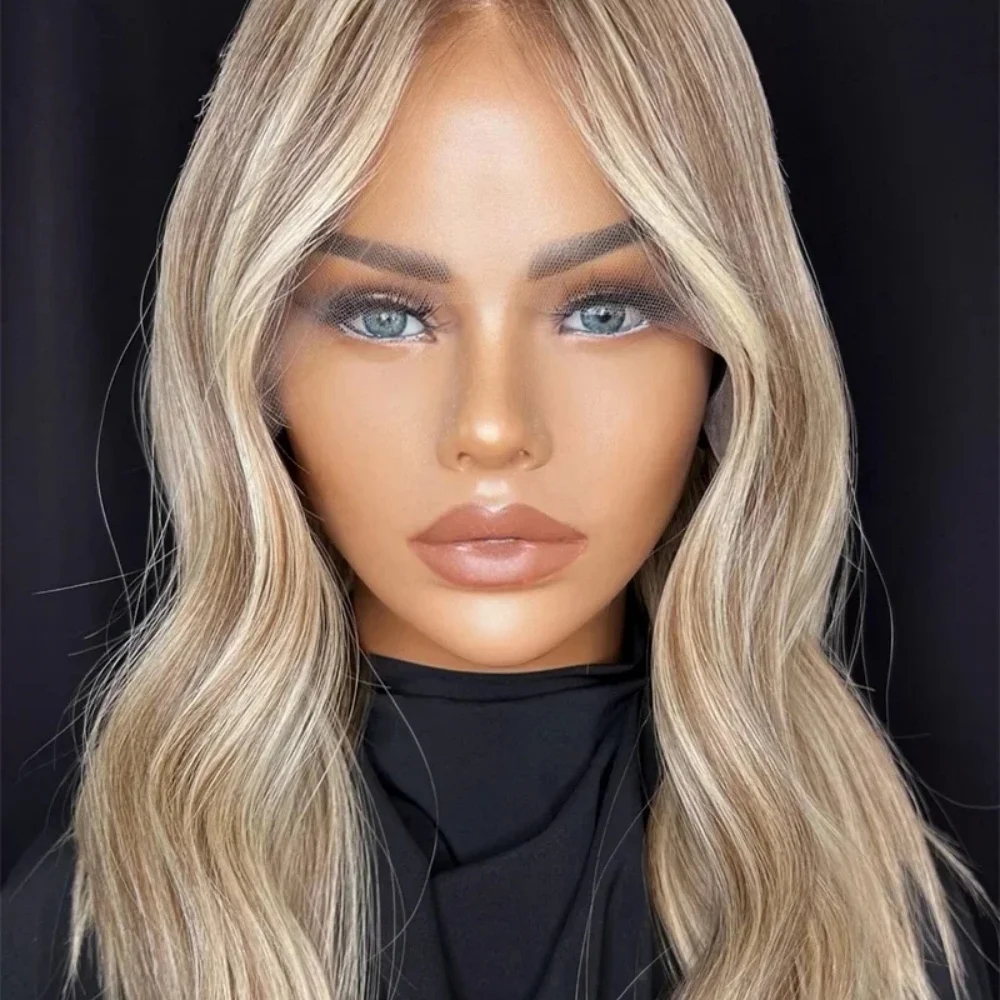 Natural HD Lace Wig Highlight Blond 18Inch Wave with Bangs for Women Pre-Plucked Transparent Lace Frontal Versatile Hair Wig