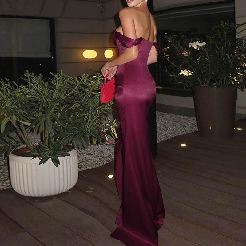 Abiti da banchetto sexy con una spalla Abito da donna elegante abito lungo in raso a vita alta Abito da sera solido drappeggiato con spacco