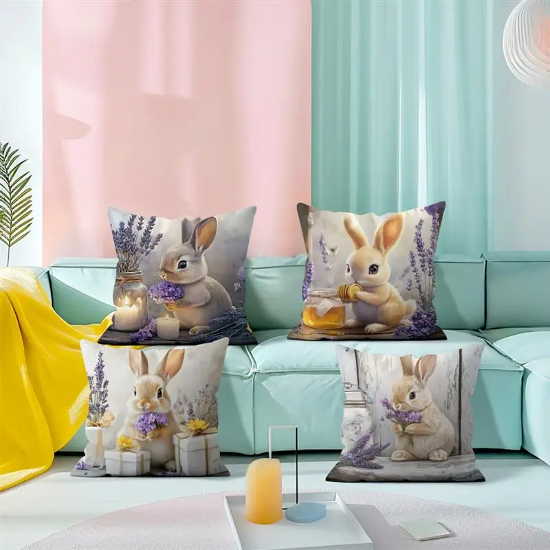 4pcs/Set Happy Easter Decoration Pillowcase Home Festive Flower Butterfly Rabbit Egg Print Living Room Sofa Cushion Cover