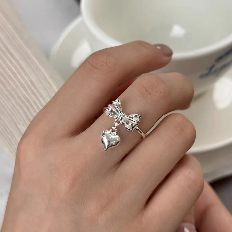 PANJBJ 925 Sterling Silver Bowknot Ring for Women Love Heart Minimalism Sweet Romantic Adjustable Jewelry Gift Dropshipping