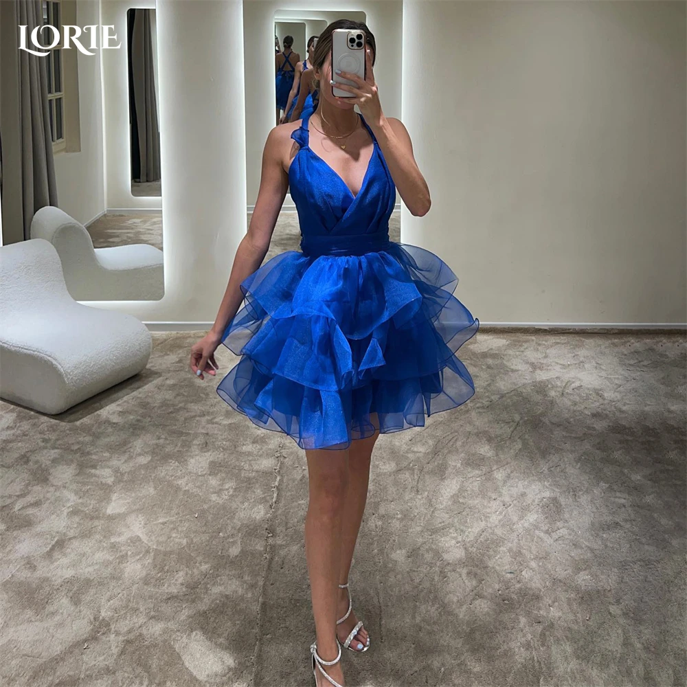 

LORIE Sexy Mini Halter Prom Dresses Graduation V-Neck Backless Shiny Pageant Evening Dress Tiered Ruffles Occasional Party Gowns