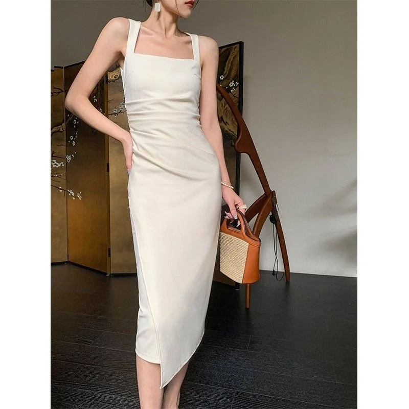 Women Elegant White Square Neck Long Dress Female Concise Slim Fit Ruched Split  Side Slit Dress Lady French Style Dress
