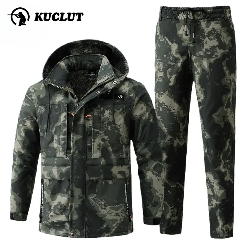 Winter Thick Mens Camouflage Set Multi Pocket Durable Jacket+Wool Pants Training Set Windproof Waterproof Hooded Two-piece Set