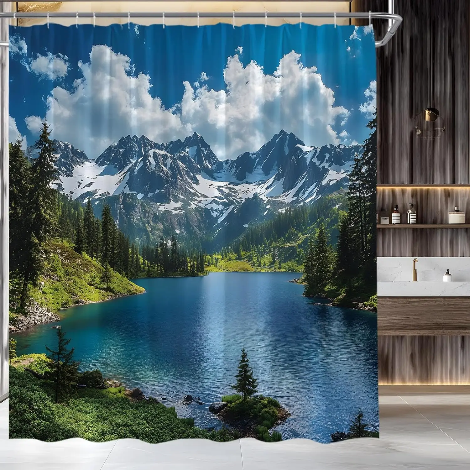 Alpine Mountain Lake Landscape Shower Curtain, Snow Capped Peaks and Blue Water, Waterproof Fabric Bath Curtain for Serene Decor