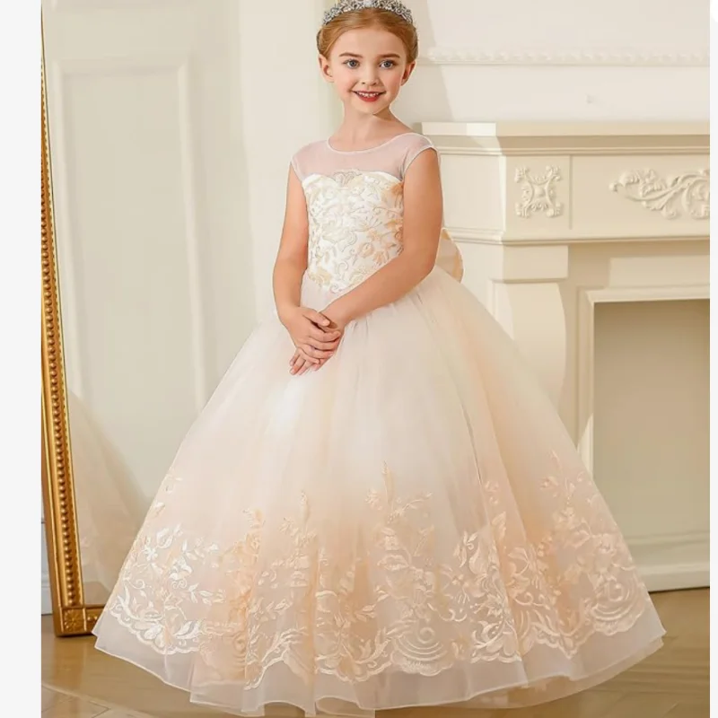 Fancy Lace Appliques Flower Girl Dress,Kids Wedding Dress,Girls Princess Tulle Prom Dress,Girls Formal Evening Gown