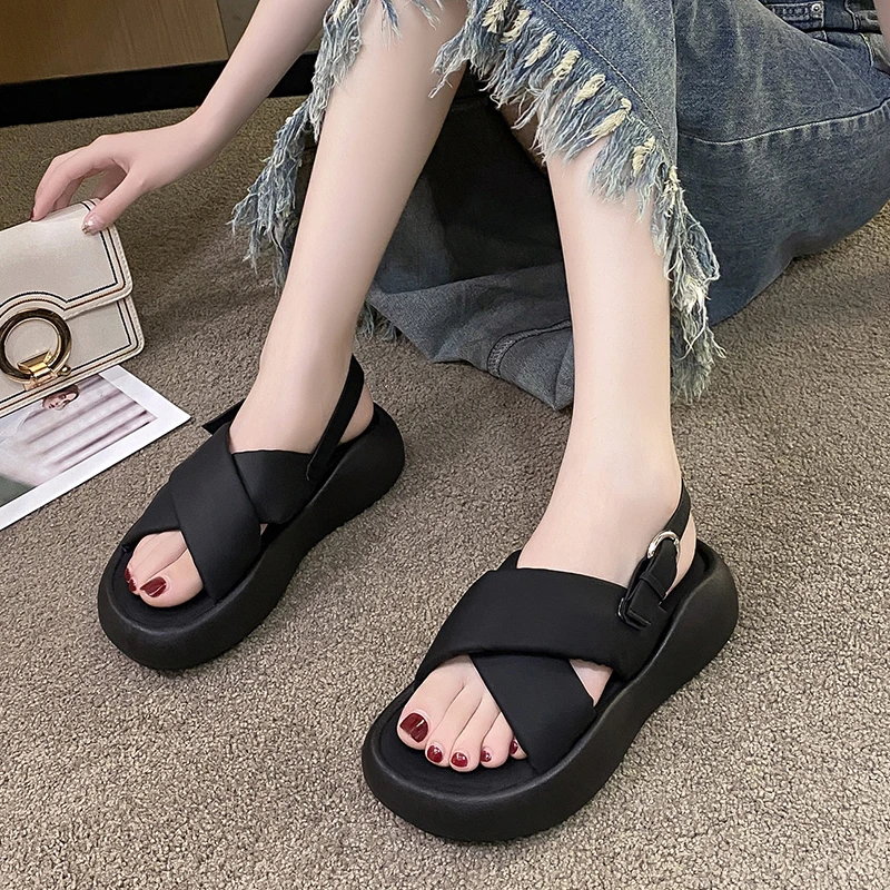 New 2024 Summer Women Platform Sandals High Platform Leather Flip Flops Beach Comfort Casual Thick Bottom Slides Sandals Woman