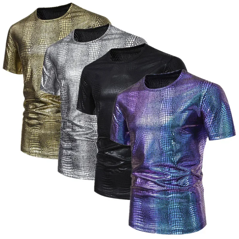 Daily Wear Men Fashion Shiny Croc Skin Graphic T‑Shirt Metallic Snake Scale Print Crew Neck Nightclub Party Short Sleeve Tees