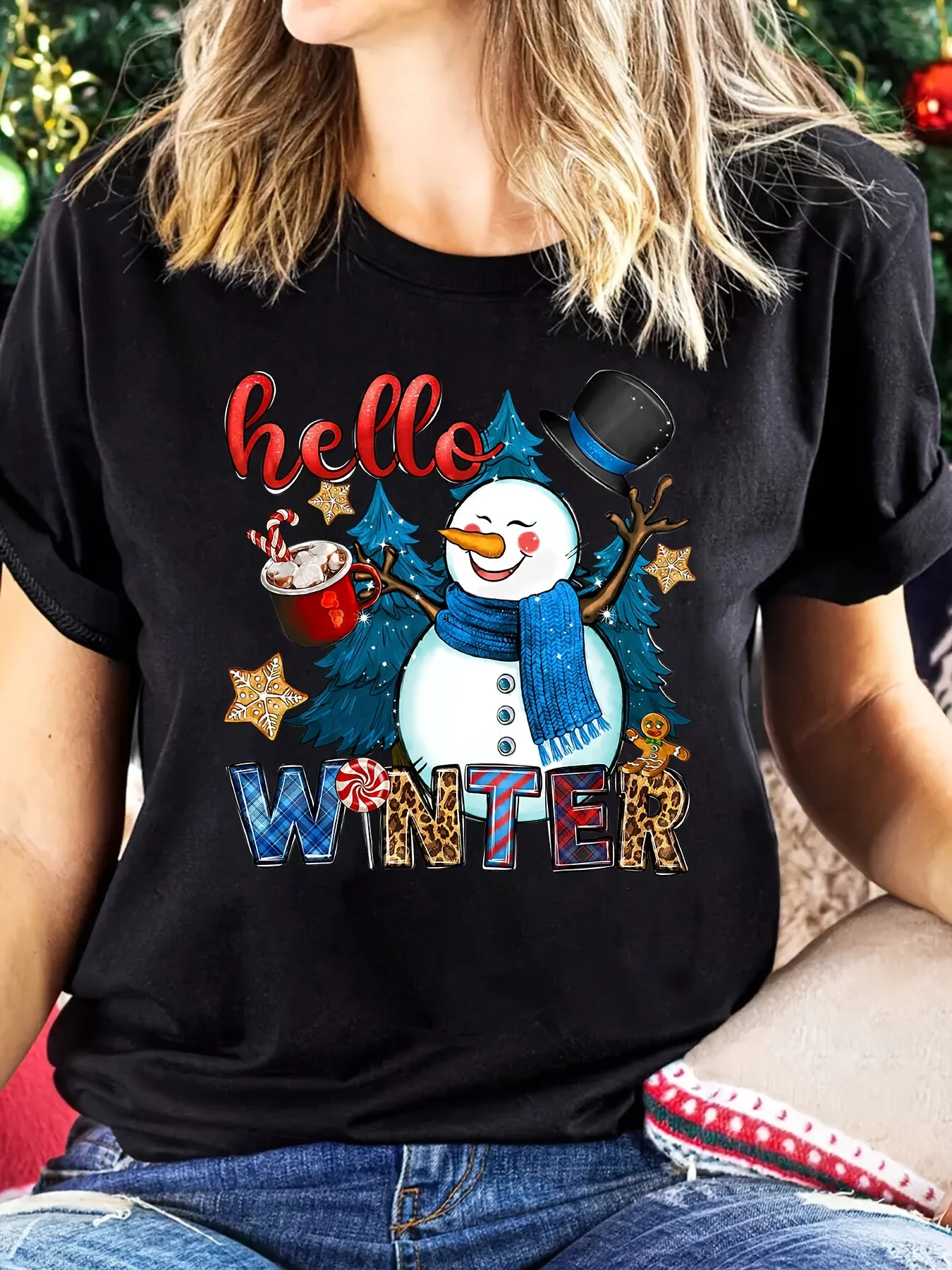 

Hello Winter Snowman Graphic T-Shirt for Women Casual Round Crew Harajuku Sleeve Casual Tshirt Clothing Street Aesthetic Clothes