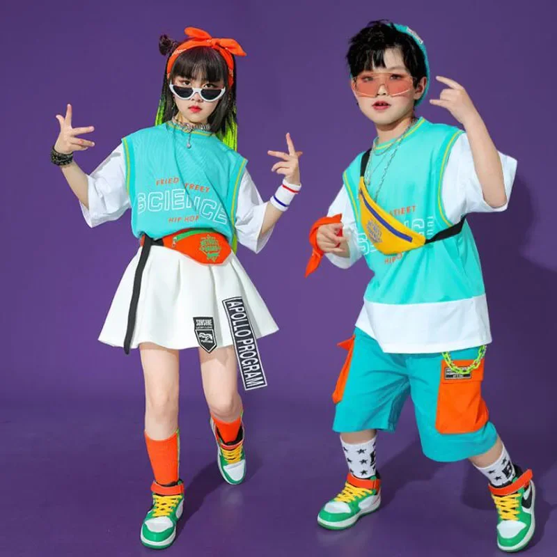 Trajes de animadora para niños, trajes de baile de salón, Hip Hop, camiseta, pantalones cortos, falda para niñas y niños, baile de Jazz