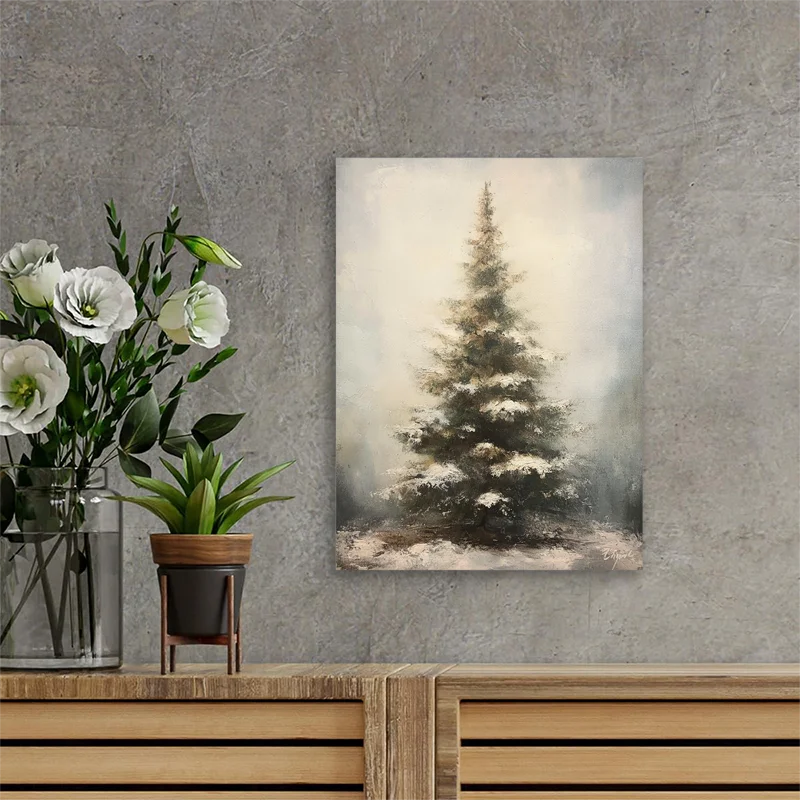 Vintage Christmas Wall Art Snowflake Christmas Tree Oil Painting in Wooden Frame with Frames Christmas Gifts and Home Decoration