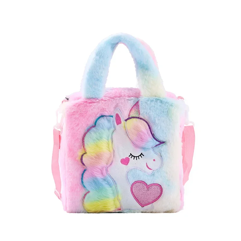 Bolso de hombro de felpa con dibujos animados para niños, bolso escolar de piel colorida, unicornio bordado, arcoíris, moda de alta calidad