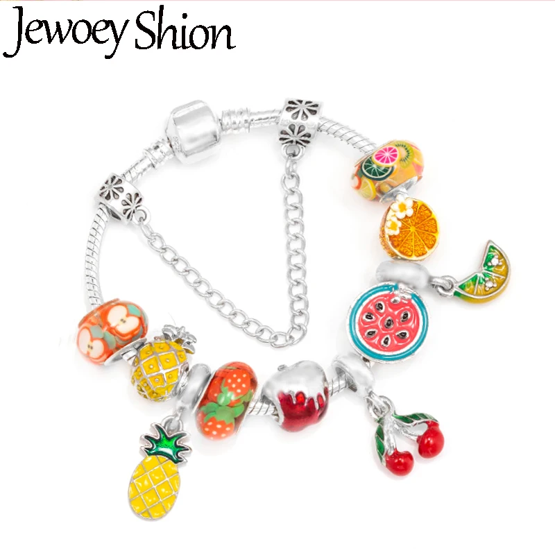 Fashion Watermelon & Pineapple Beads Snake Chain With Delicious Fruits Pendent DIY Brand Charm Bracelet Jewelry For Women Making