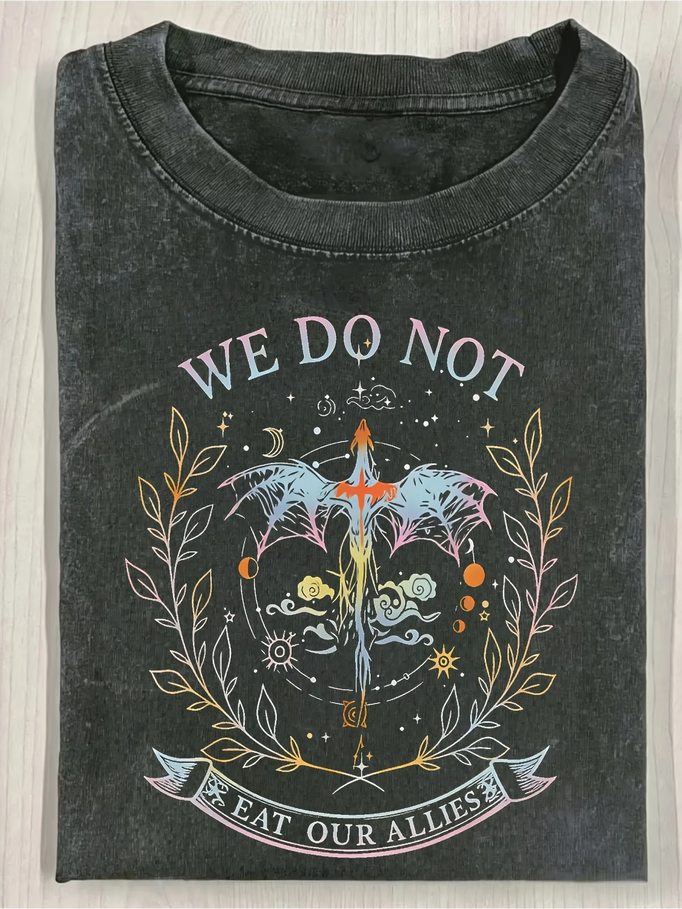 We Don'T Eat Our Allies Dragon Knight Fourth Wing Fantasy Washed Tshirt Women Street Gothic Print Unisex Retro T-shirt
