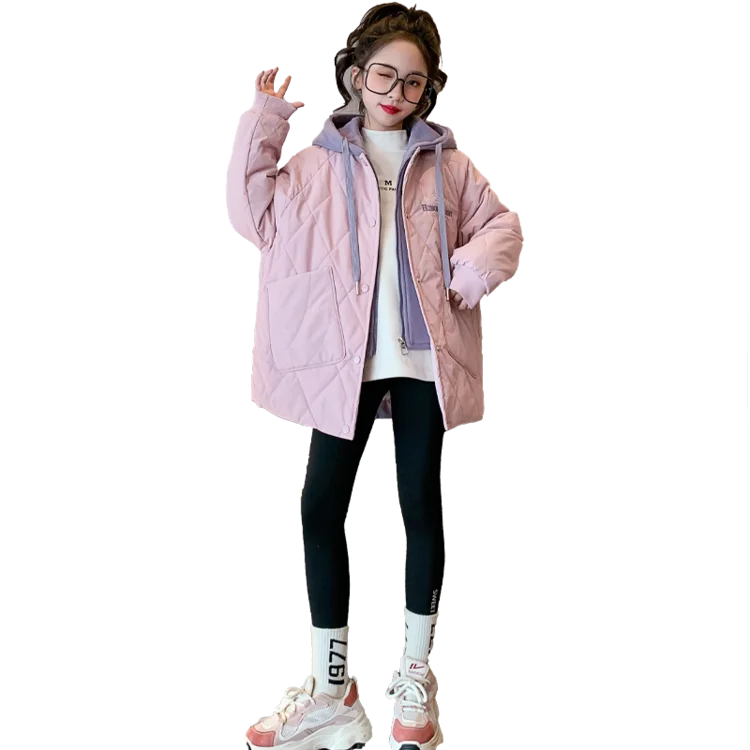 4-14Y الكورية الشتاء فتاة مراهقة مقنعين سترة قطن فتاة الابتدائية وهمية قطعتين أبلى فتاة صغيرة اللون حجب معطف #6