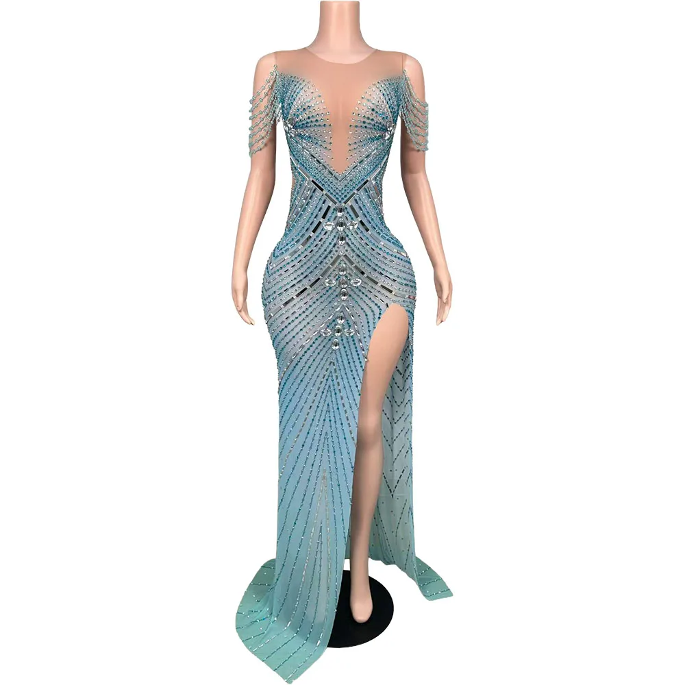 Sexy Sparkly Rhinestones Slit Long Dress Women Transparent Birthday Celebrate Wedding Evening Prom Photo Shoot Stage Wear