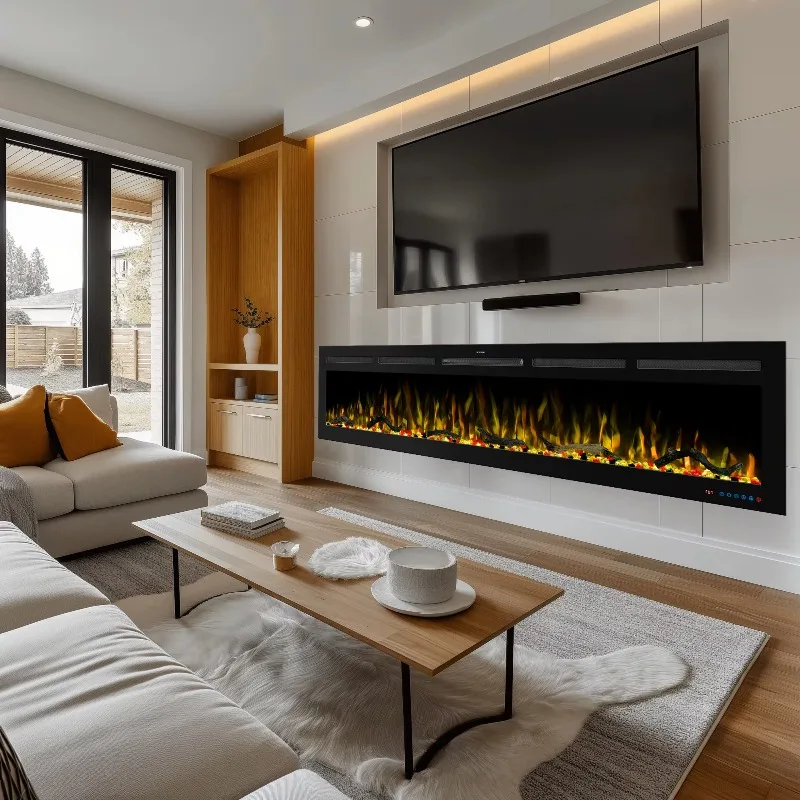 L-uxsta-r Hot Sale 80 Inch Wall-mounted and Recessed Electric Fireplace, Multi Flame and Log Bed Colors w Sm-art APP Control