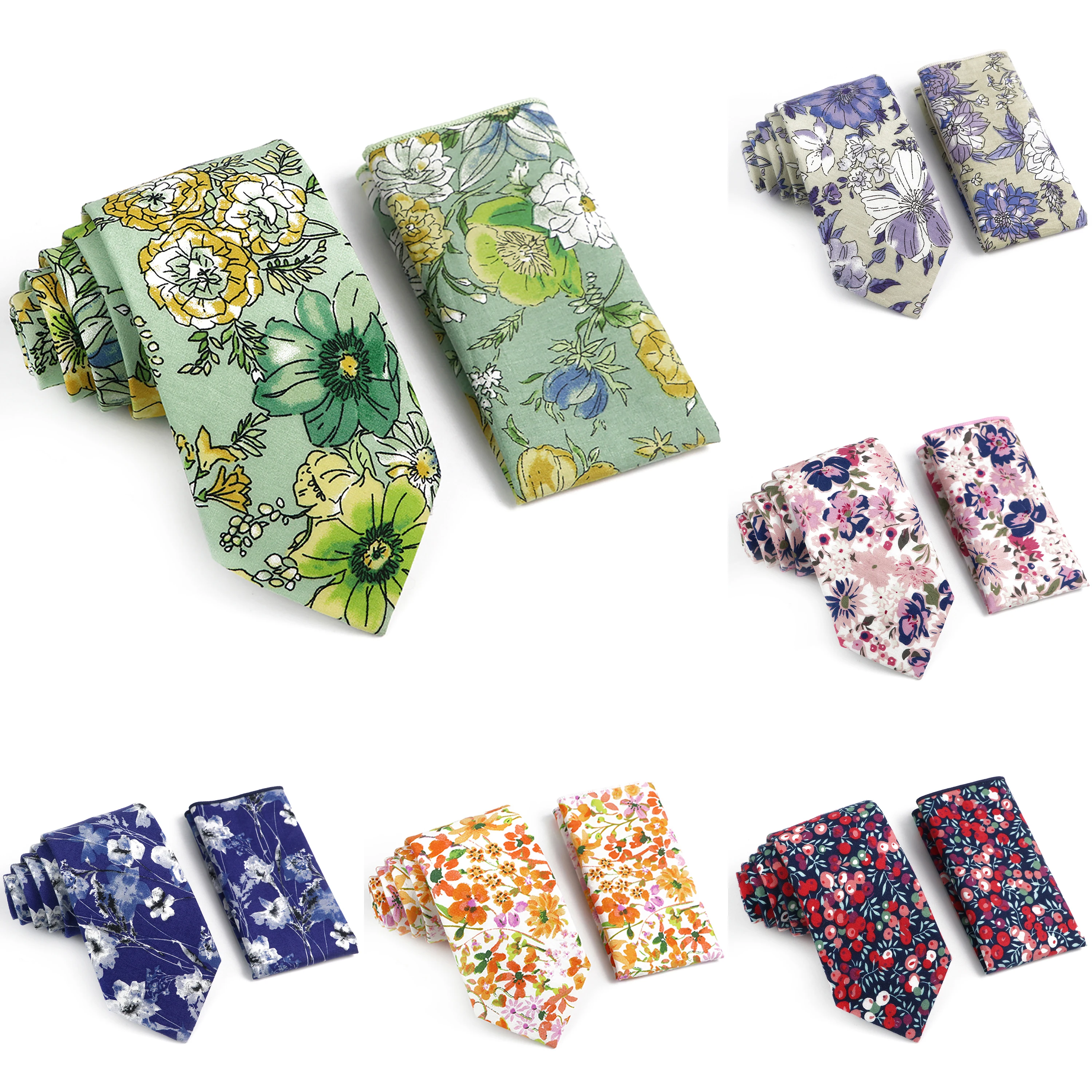 Novelty Floral Cotton Mens Casual Tie Set Fit Wedding Party Green Pink Blue Necktie Pocket Square Romantic Gravata Accessory