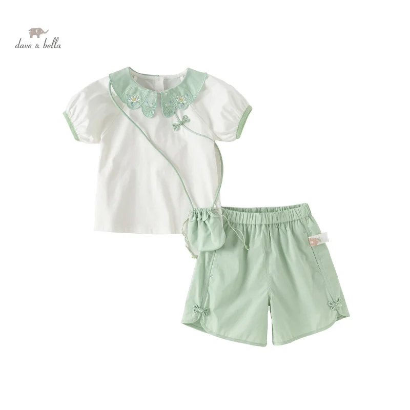 Dave Bella Girl's Suit 2024 New Summer Children's Two-Piece Set Short Sleeves Fashion Casual Wallet Cute Sweet DB2240336