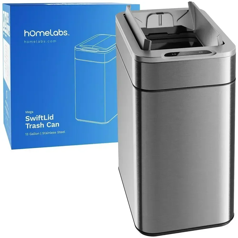 13 Gallon Stainless Steel Kitchen Trash Can with Retractable Sensor Lid, Space-Saving, Easy Clean, Battery-Powered