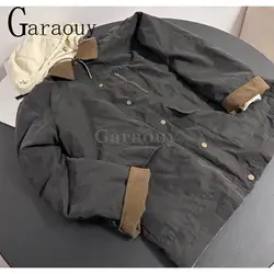 Garaouy 2024 Chic Women Loose Hooded Double Sided Wearable Thicken Jacket Female Vintage Zip Pocket Parka Coat Patchwork Outwear