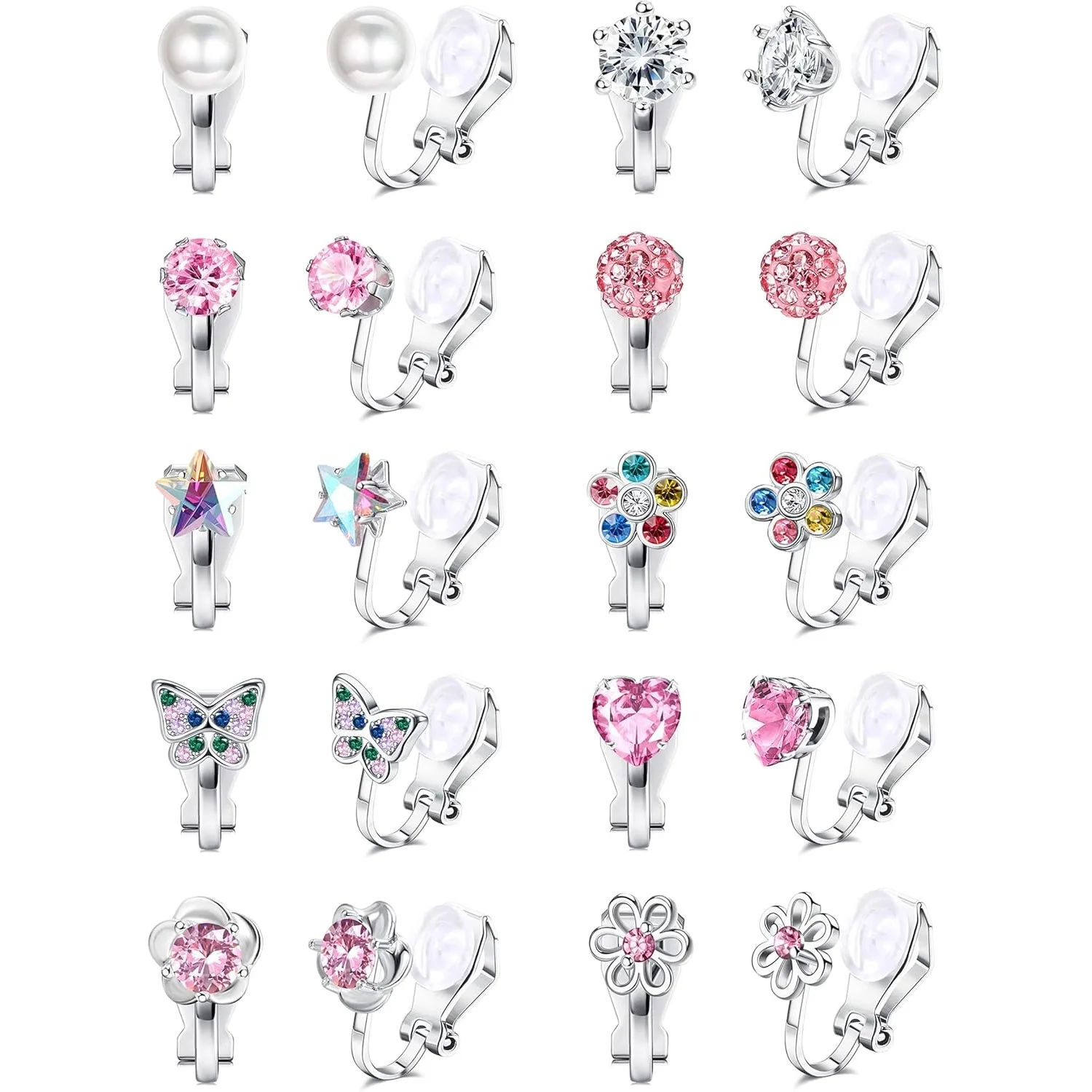 Bobisty 10 Paar Clip-On Ohrringe für Frauen Niedliche Schmetterling Blumen Perlen CZ Herz Stern Clip-On Ohrringe Ohne Ohrloch Set