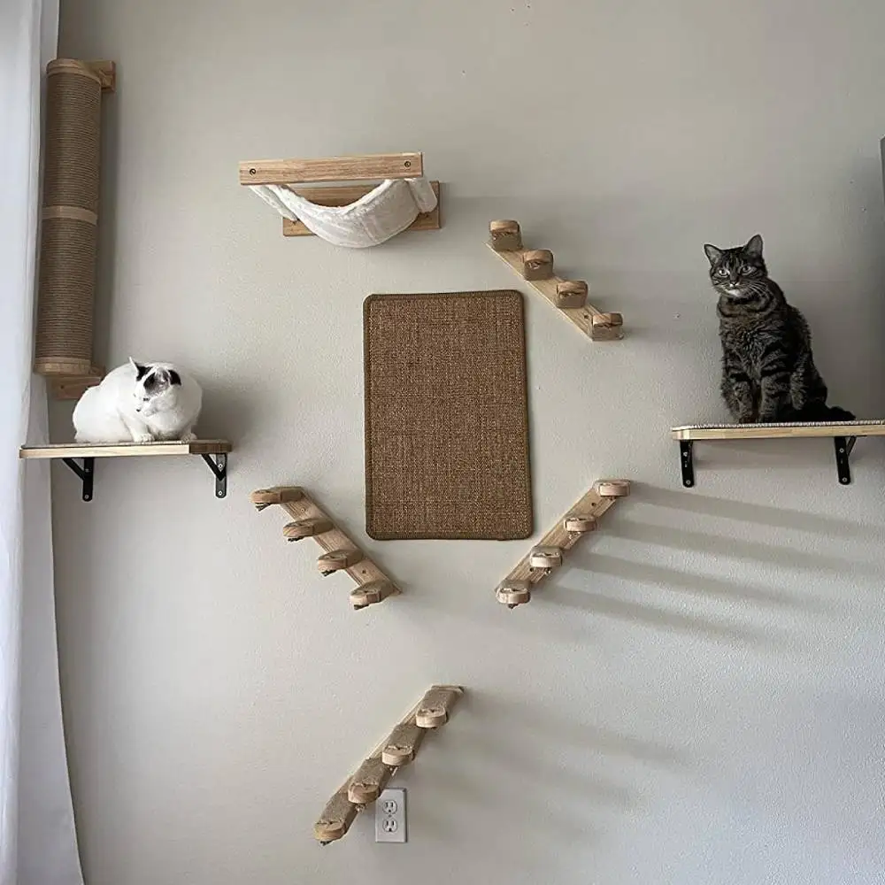 Wall Mounted Solid Wooden Cat Climbing Frame Hammock Scratching Post Shelf with Sisal Jumping Platform Ladder Steps Furniture