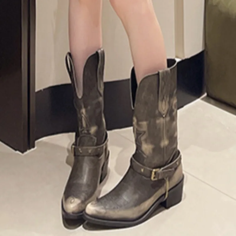 

2024 New Retro Women's Western Cowboy Boots Metal Chain Cowboy Boots Fashion Music Festival Women's Shoes Mid-calf Boots Zapatos