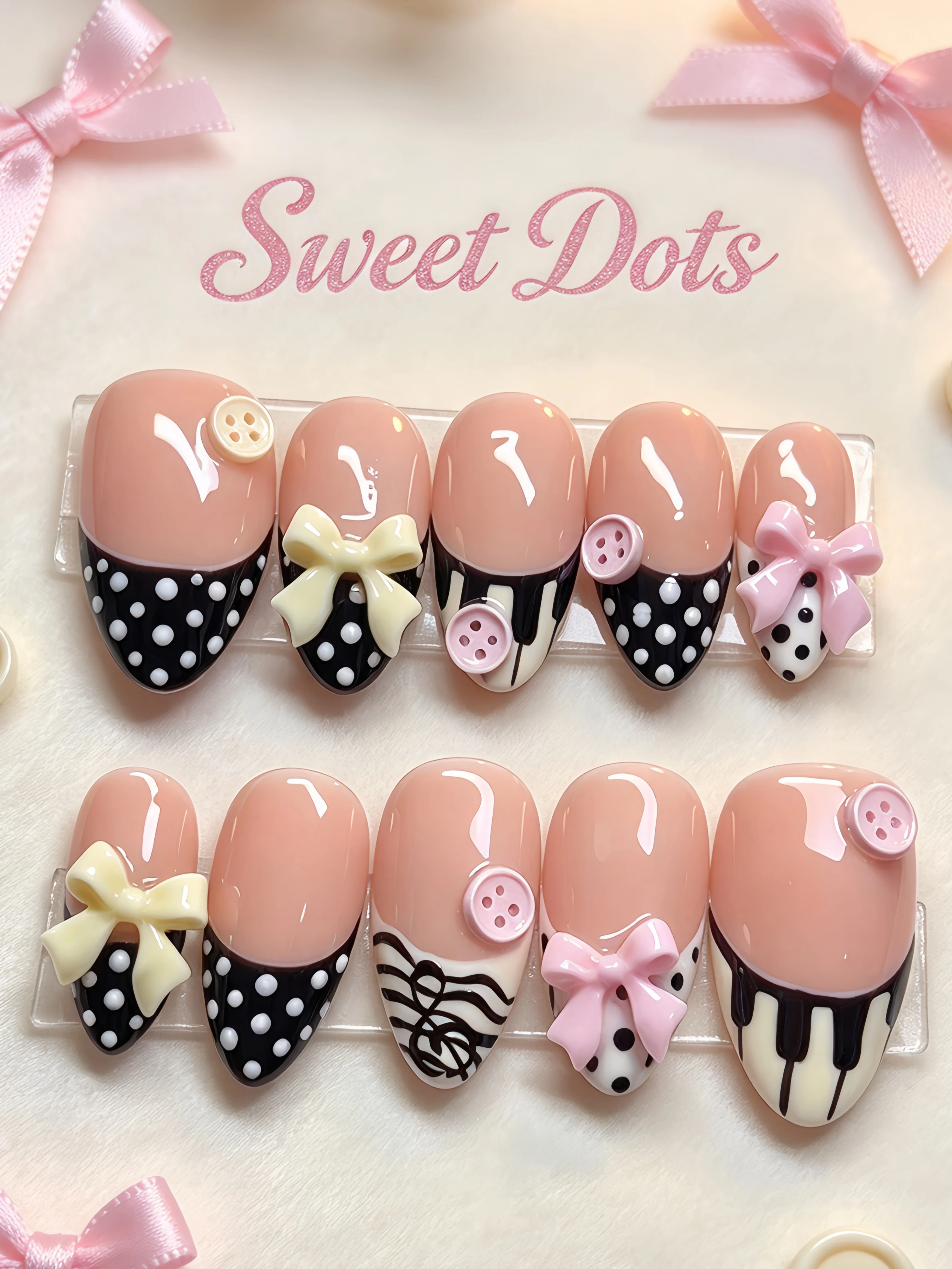 Piano Key Polka Dot Nail Stickers, Nude Black Contrasting Color French Bow, Playful Music-Themed Handmade Wearable Nails