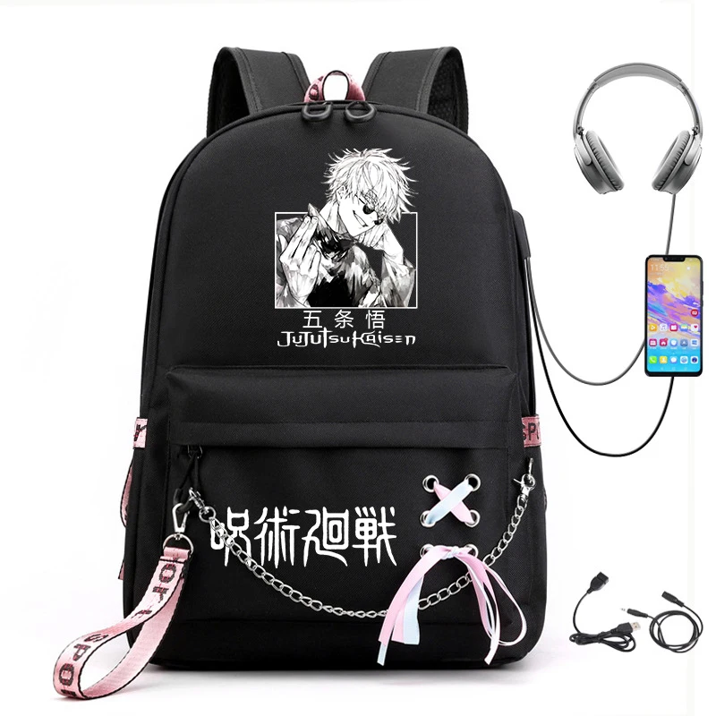 Jujutsu Kaisen Anime Print Mochila para meninas, bolsa de lazer estudantil, bolsa de viagem USB