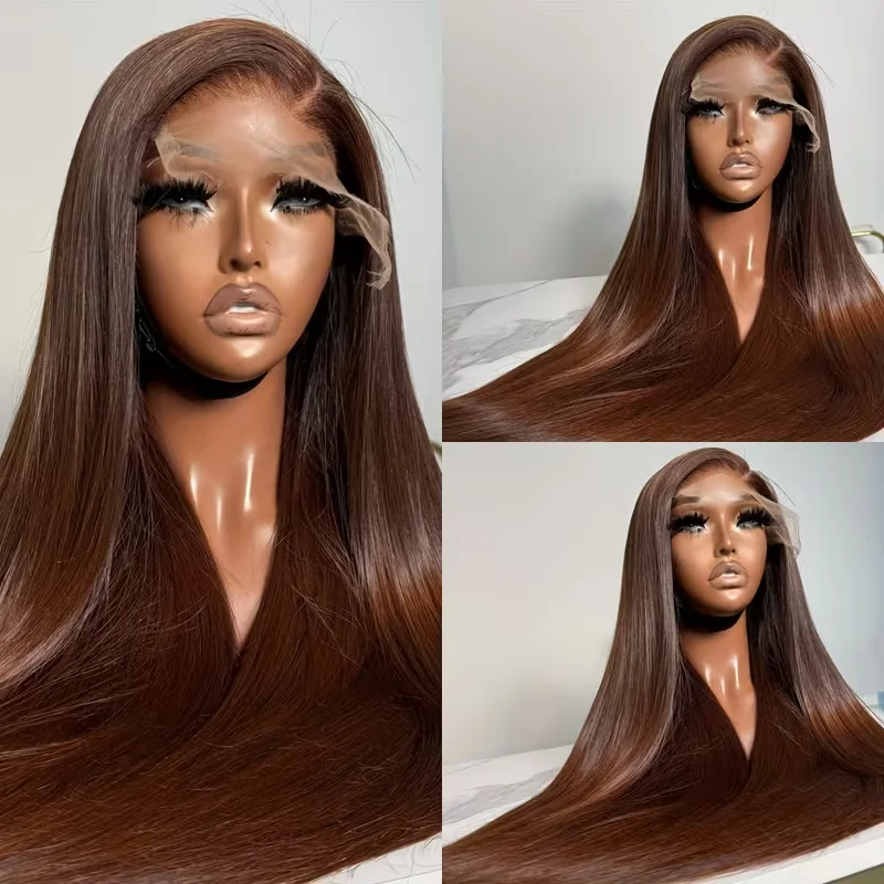 

13x6 HD Chocolate Brown Bone Straight Lace Front Wig 36 Inch Lace Frontal Wig Human Hair Pre Plucked #2 Colored Human Hair Wig