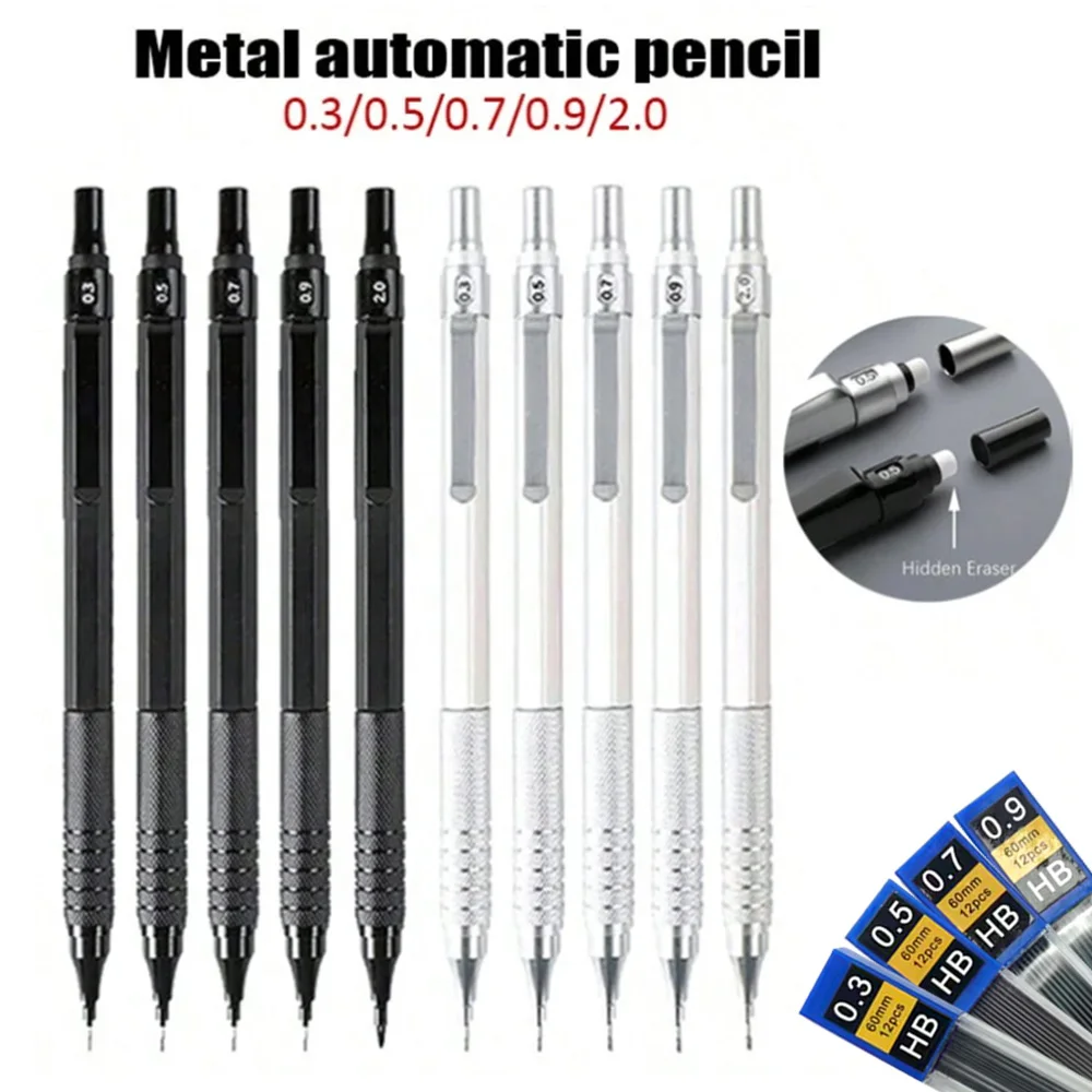 All-Metal Low-Center Mechanical Pencil, 0.3/0.5/0.7/2.0mm Smooth Drafting Pencil for Architecture Art Engineering
