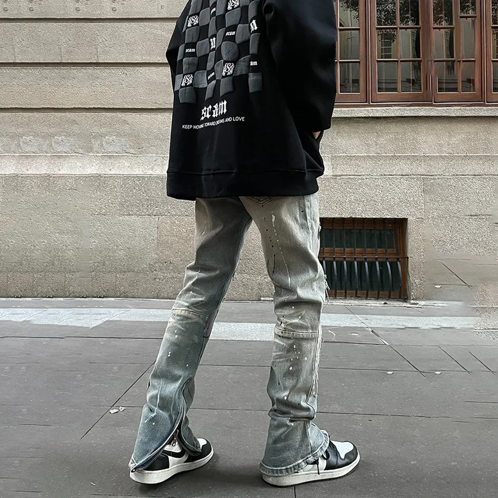 Skinny Jeans Men Graphic Ripped Denim Pants Y2k Streetwear Summer Splash-ink Autumn Vaqueros Pantalones Fit High Street Trousers