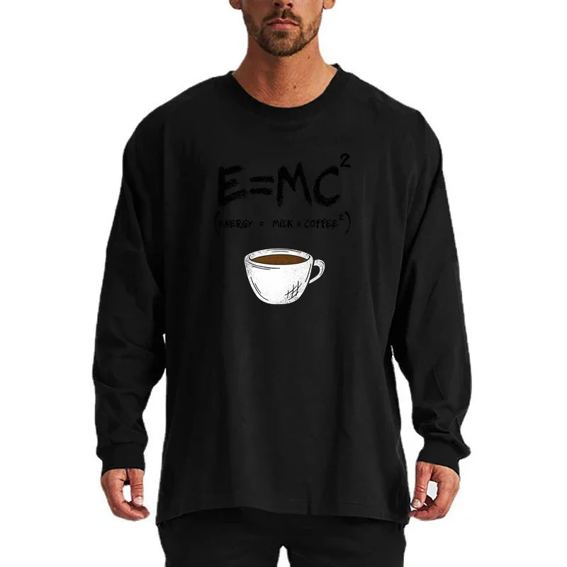 الخريف والشتاء طباعة فضفاضة تي شيرت رجالي الرياضة عادية المتضخم القطن تنفس الصالة الرياضية اللياقة البدنية رمادي ملابس خارجية المحملة القمم