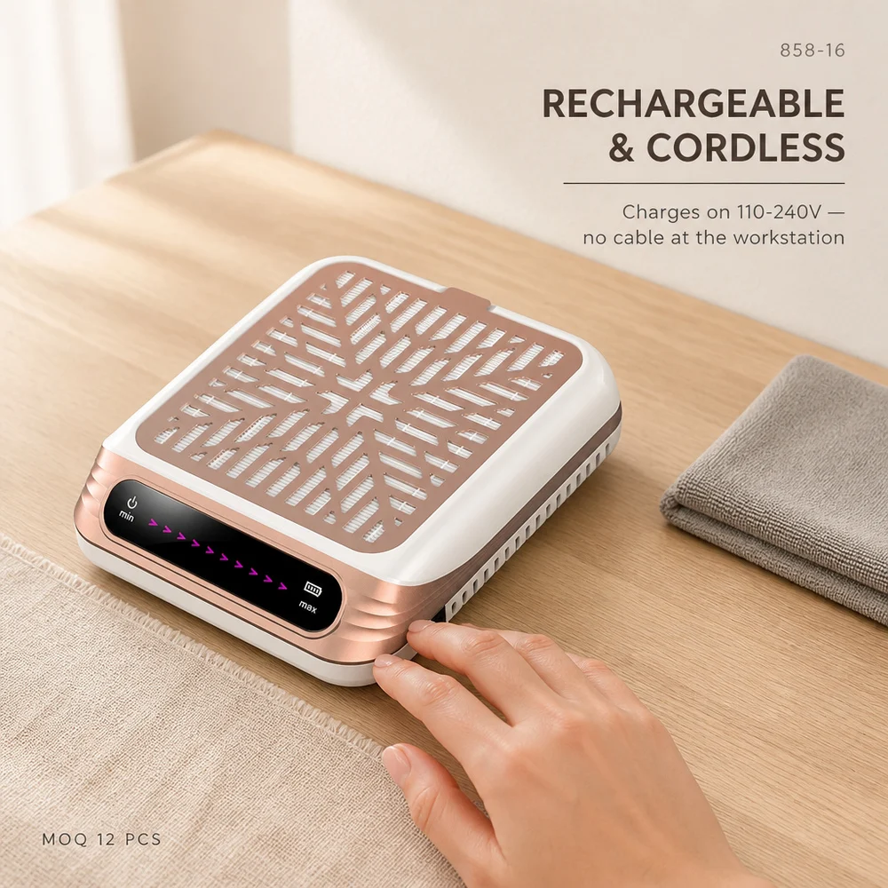 Professional Nail Dust Collector Rechargeable Cordless Touch Panel Speed and Battery Status 110 240V Use