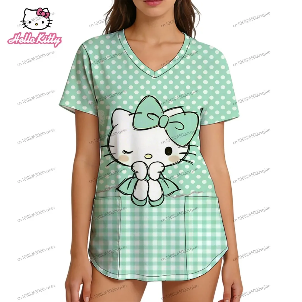 

Nurse Uniform V Neck T Shirt Top Women Hello Kitty Harajuku Fashion Women's T-shirt T-shirts Y2k Clothes Cute Tops Pocket S-2XL