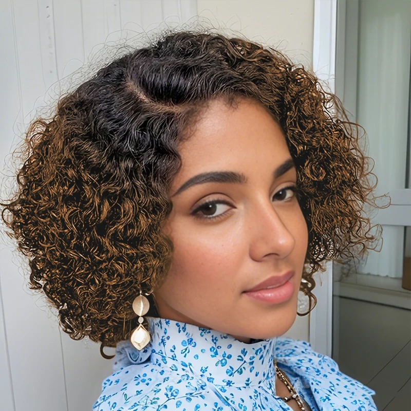 

8inch Short Bob Pixie Cut Deep Curly Human Hair Wigs for Women 13x4 Transparent Lace Front Brown and Natual Black 180% Density
