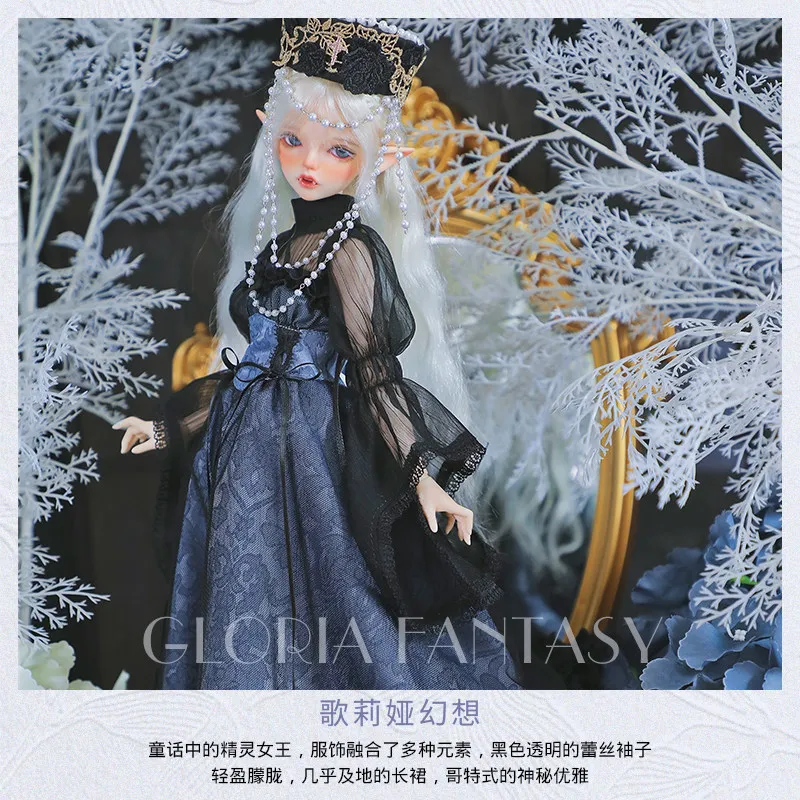 

Gloria Fantasy Bjd Clothes 1/4 Size Gothic Blue Lace Long Dress Sheer Mesh Sleeve Mystic Elegant Outfit For Ball Jointed Doll