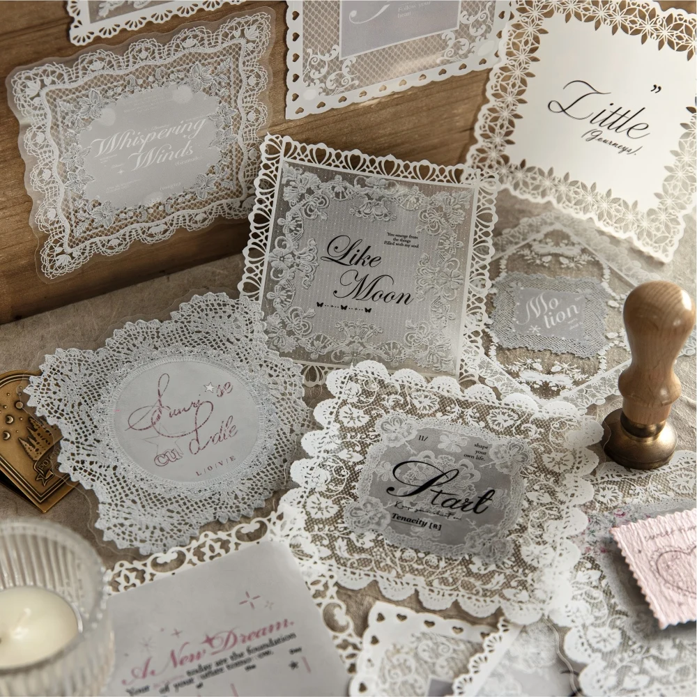 60pcs in 6 Bags,Lace Poetry Series,Vintage Artistic Hollow Lace Themed Sticker ,Includes Sulfuric Paper And PET Dual Material