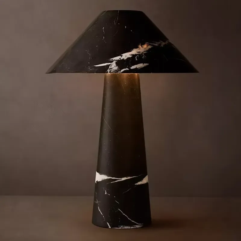 Japanese Wabi Sabi Brass Cone Table Lamp Natural Travertine Mushroom Shape E26 Base Simple Bedside Light for Living Room Home