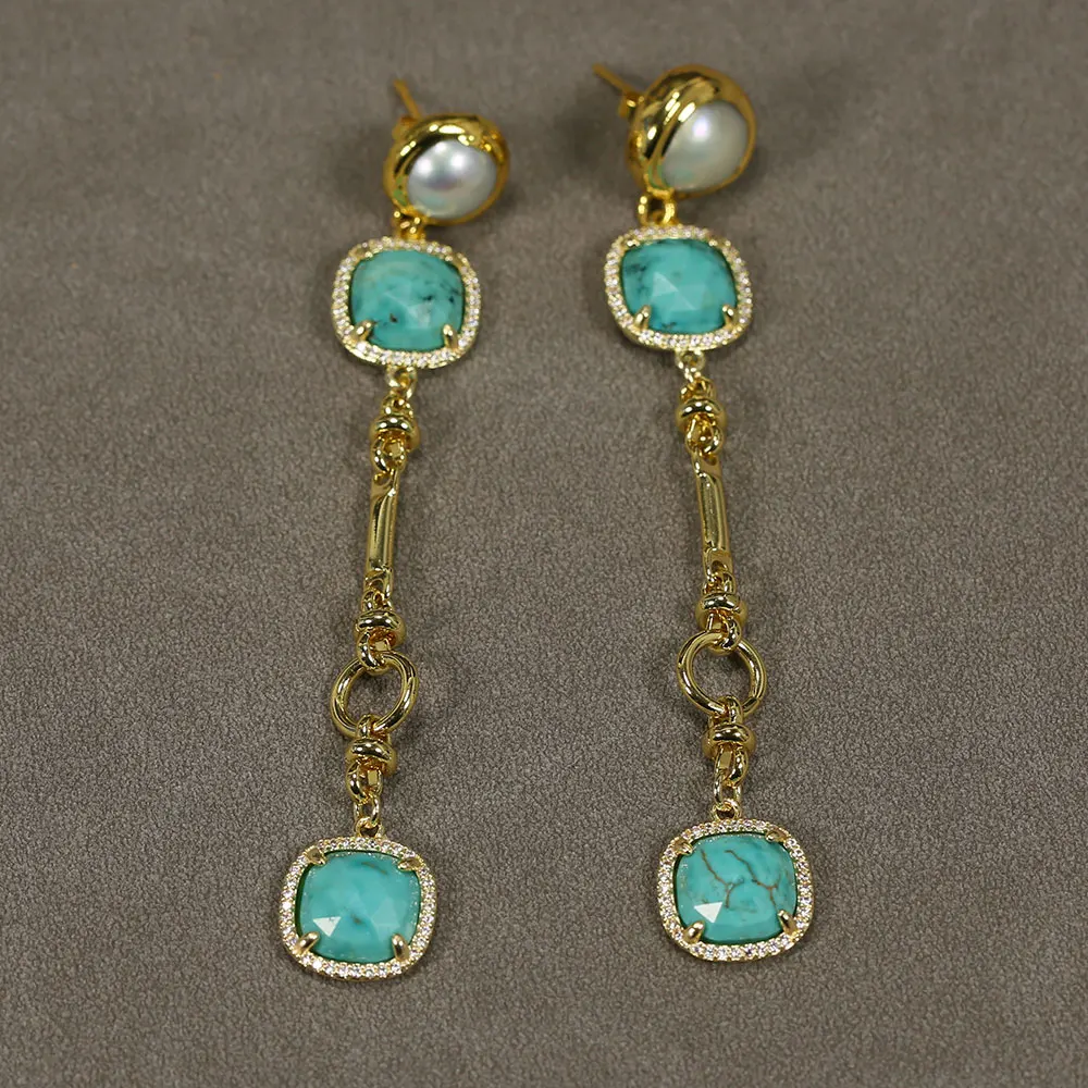 Natural Blue Turquoises Faceted Square Shape CZ Paved Keshi Pearl Stud Earrings Cute Earrings For Lady Girls 1 order