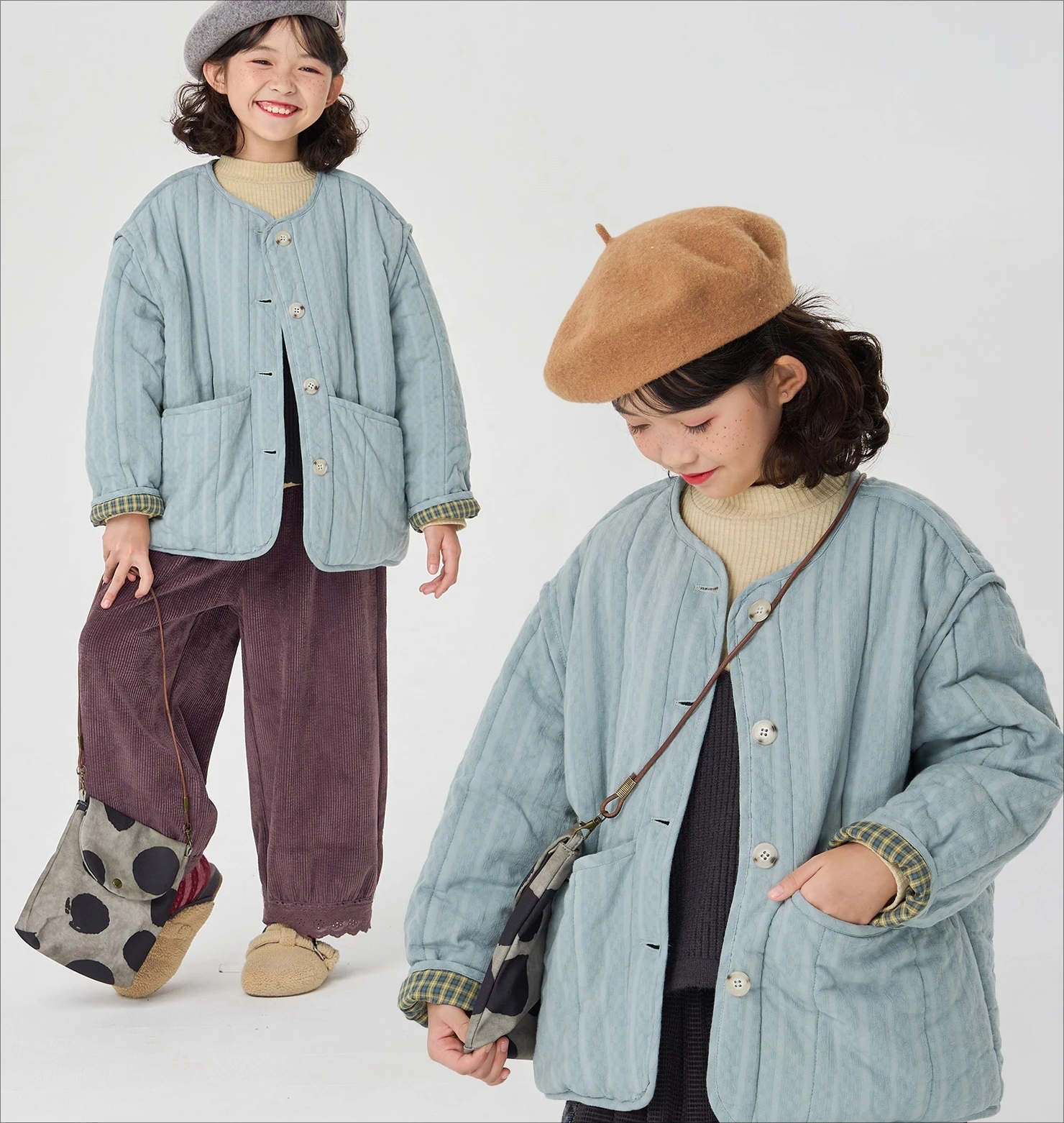 

2025 Autumn Child Sweet Korean Grid Splicing Cotton Warm Casual Cotton Jacket