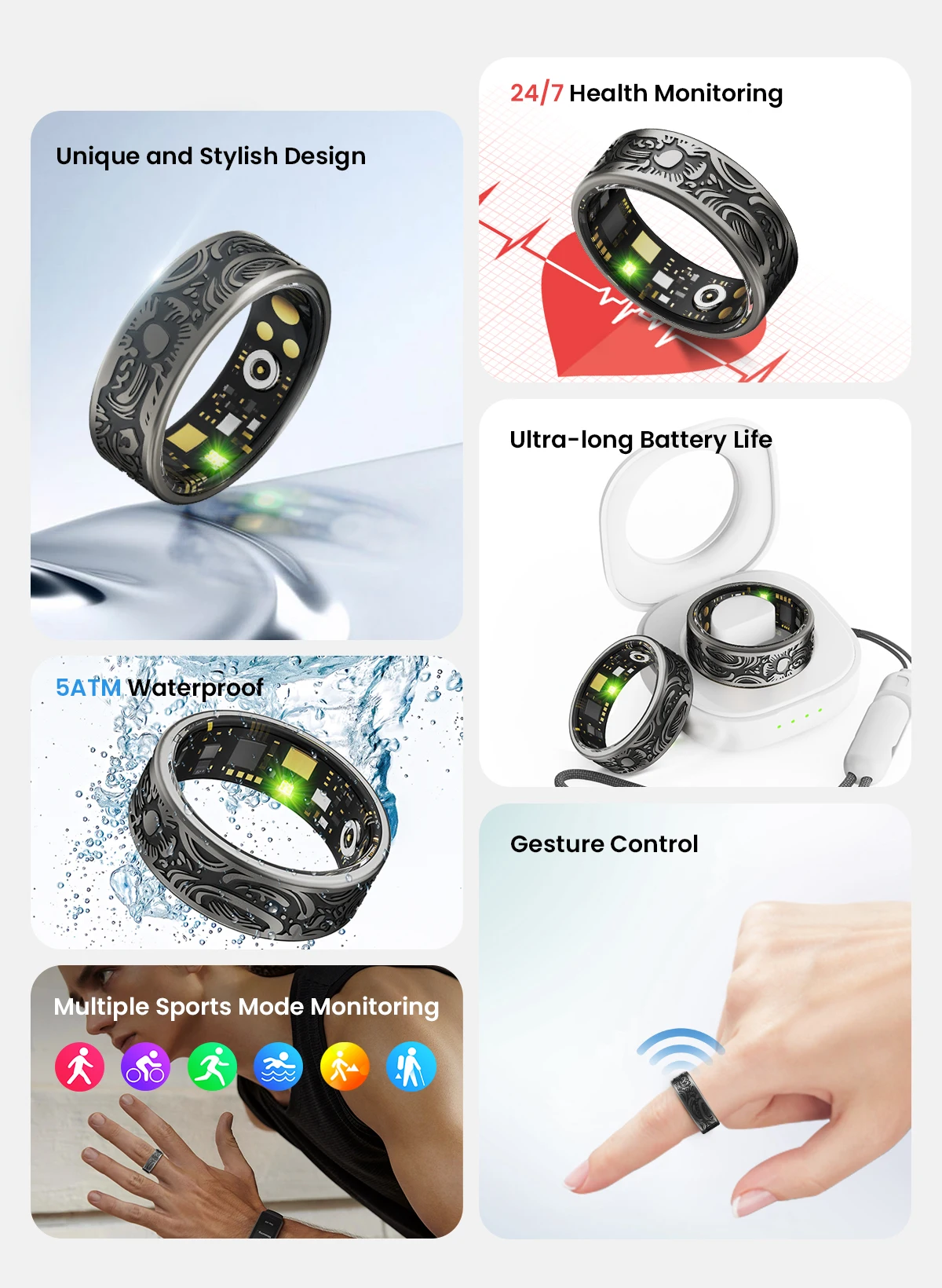 Jam Tangan Multifungsi SR09, Monitor Detak Jantung, SpO2, Pemantau Tidur, Mode Multi-olahraga, Tahan Air 5ATM, Cincin Pintar dengan Kontrol Gerakan