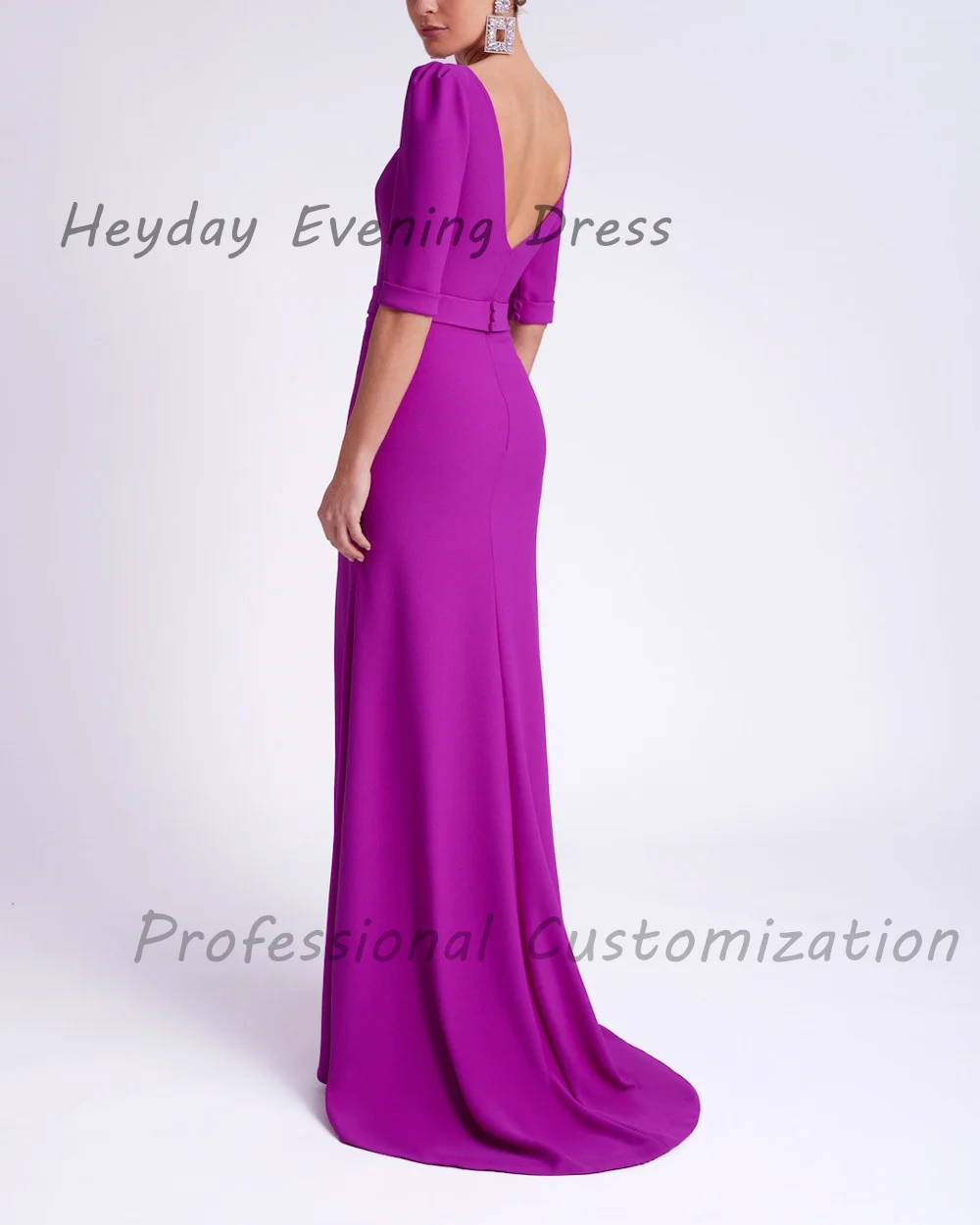 Heyday السعودية Scoop Neckline Crepe Straight Half Sleeves Sexy Ruffle Floor Length Elegant Prom Dress For luxurious Woman 2024