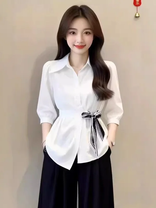 

Korean Style Women's Shirt White Collar Seven Sleeve Belted Waist in Summer Slimming Top Commute Style Regular Thickness