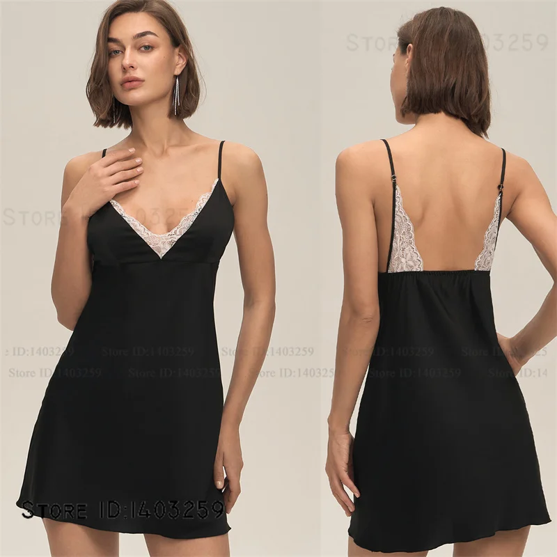 

Sexy Suspender Nightgown Female Chemise Sleepwear Silky Satin Lace Backless Nightdress Lingerie Summer New Homewear Loungewear