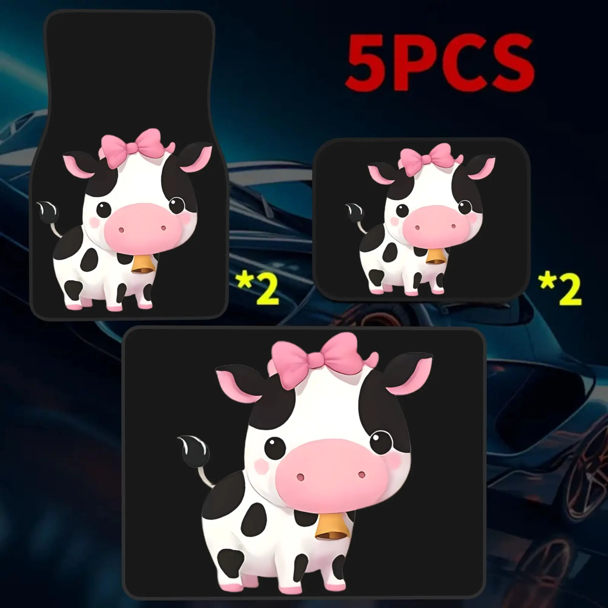 2D Flat Printing 5pcs Cute Cow With Pink Bow And Bell Printed Car Mats Set (4 Floor Mats And 1 Trunk Mat), Made Of Durable Polye