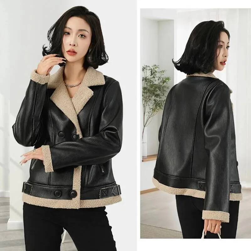 الخريف الشتاء المرأة سميكة الدافئة جاكيت من الصوف موضة مزدوجة الصدر بولي Leather الجلود أبلى كم طويل أفخم التلبيب معطف قصير #1