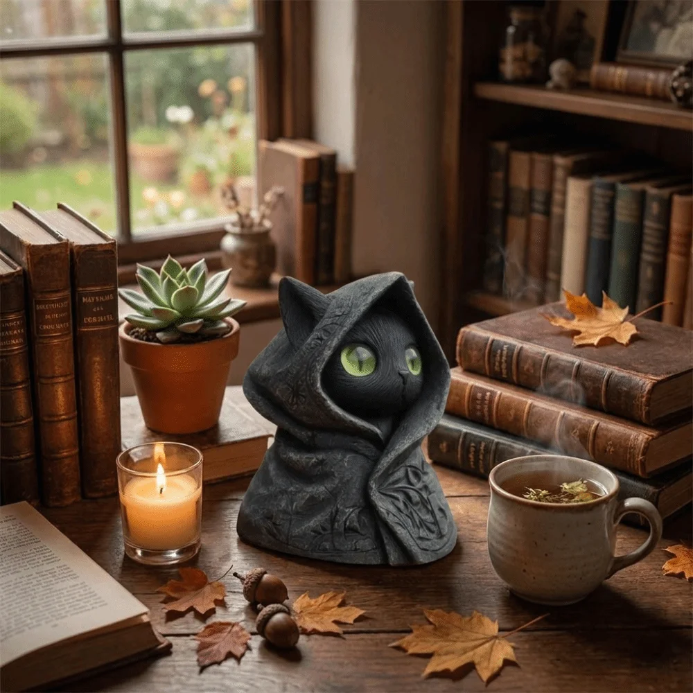 Personality 3D Printed Cat Sculpture Decoration Gothic Mystical Cat Statue Hooded Cloak Cat Ornaments Halloween Decor
